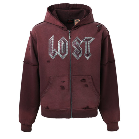 Lost Intricacy Maroon Rhinestone Zip-Up Hoodie